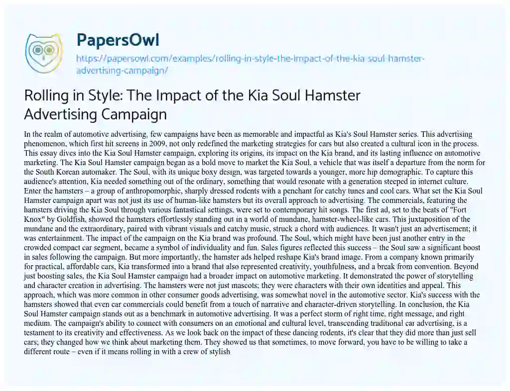 Essay on Rolling in Style: the Impact of the Kia Soul Hamster Advertising Campaign
