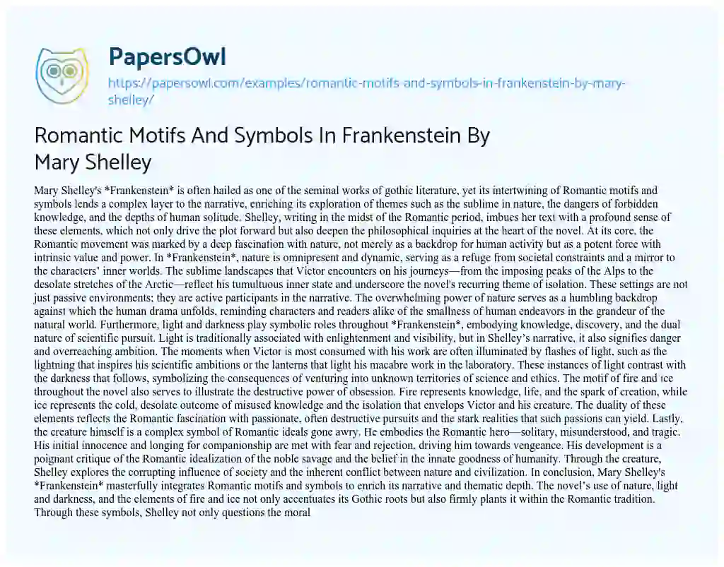 Essay on Romantic Motifs and Symbols in Frankenstein by Mary Shelley