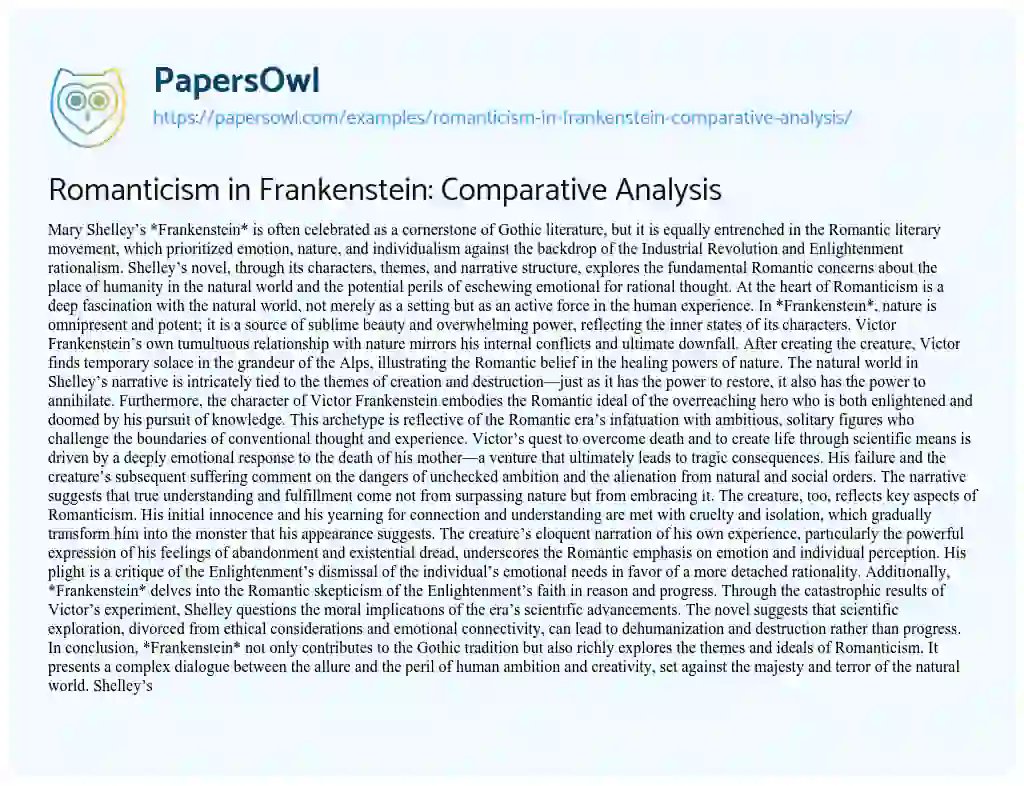 Essay on Romanticism in Frankenstein: Comparative Analysis