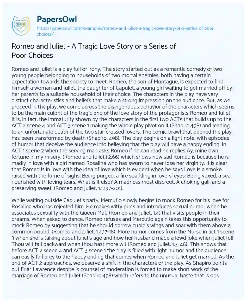 Essay on Romeo and Juliet – a Tragic Love Story or a Series of Poor Choices