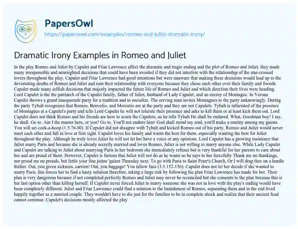 Essay on Dramatic Irony Examples in Romeo and Juliet