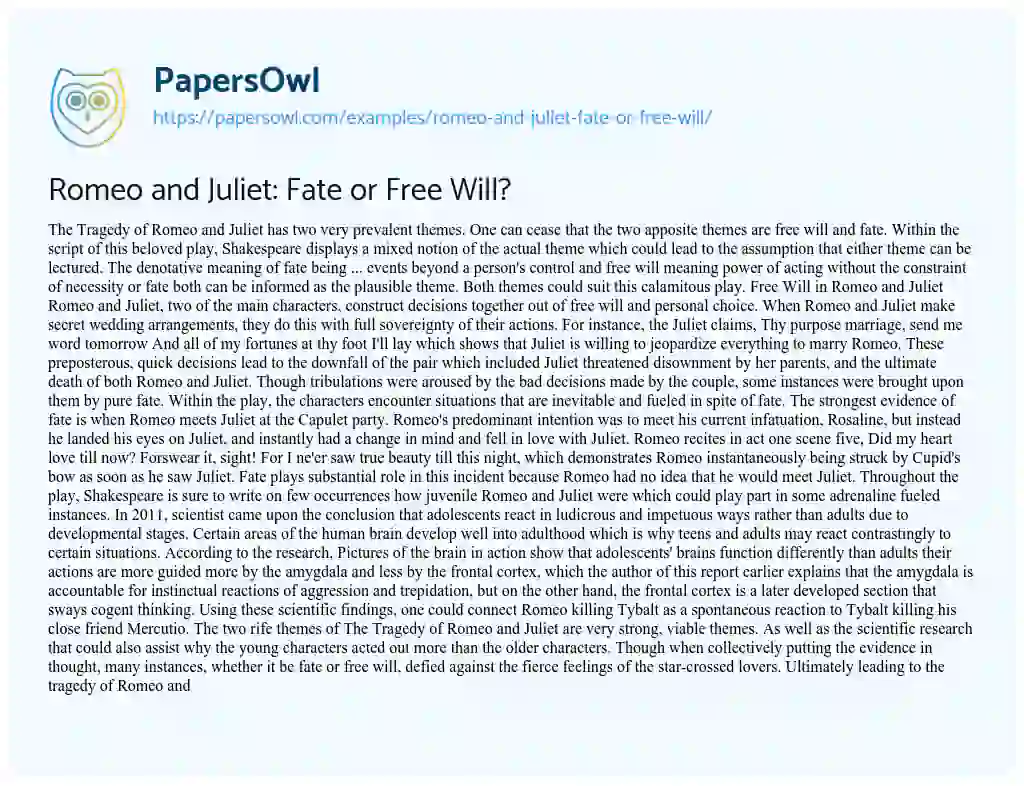 Essay on Romeo and Juliet: Fate or Free Will?