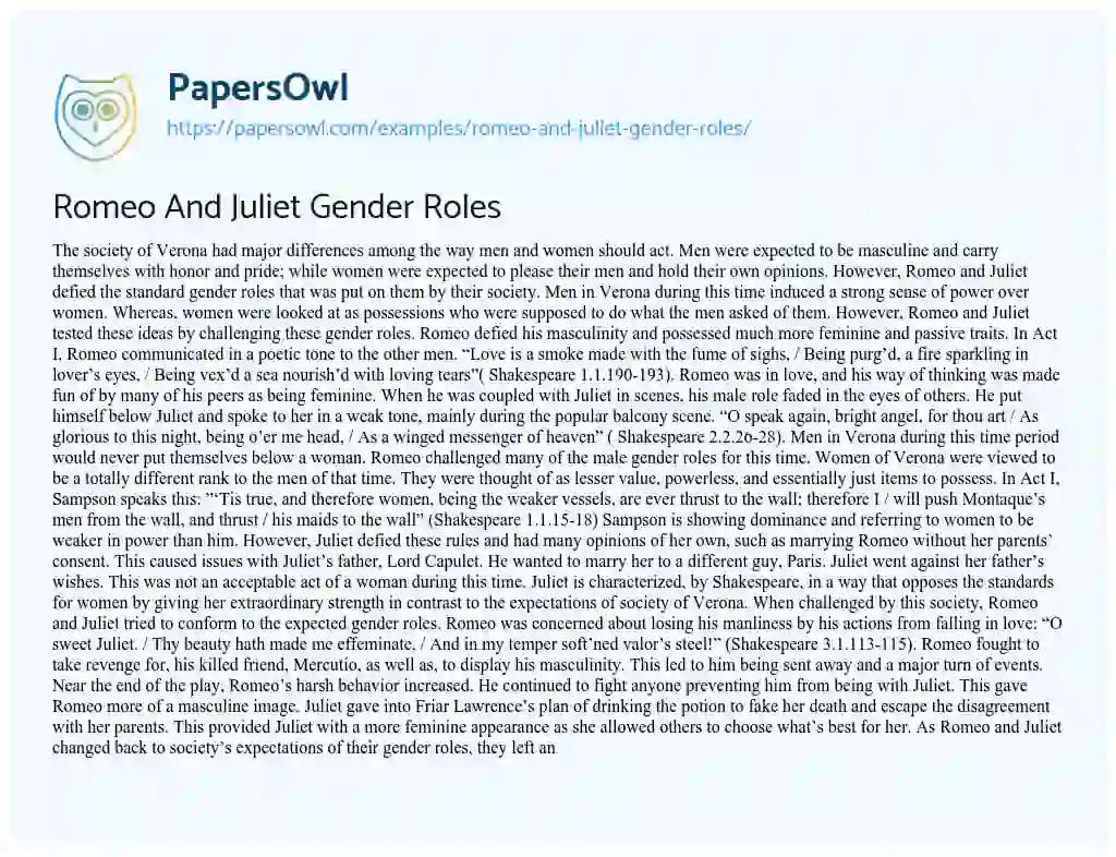 Essay on Romeo and Juliet Gender Roles