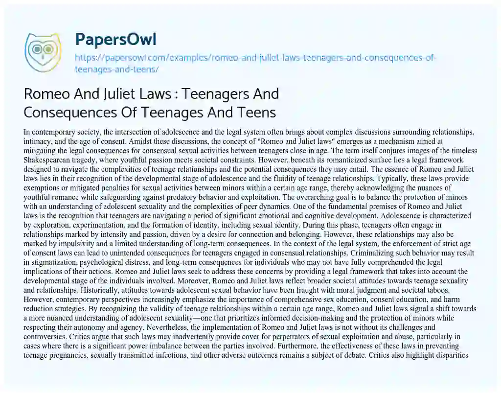 Essay on Romeo and Juliet Laws : Teenagers and Consequences of Teenages and Teens