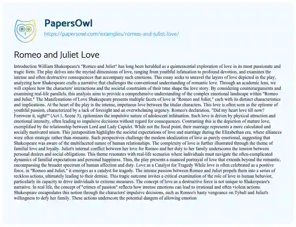 Essay on Romeo and Juliet Love