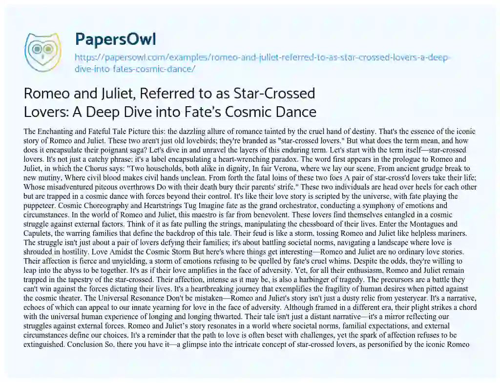 Essay on Romeo and Juliet, Referred to as Star-Crossed Lovers: a Deep Dive into Fate’s Cosmic Dance
