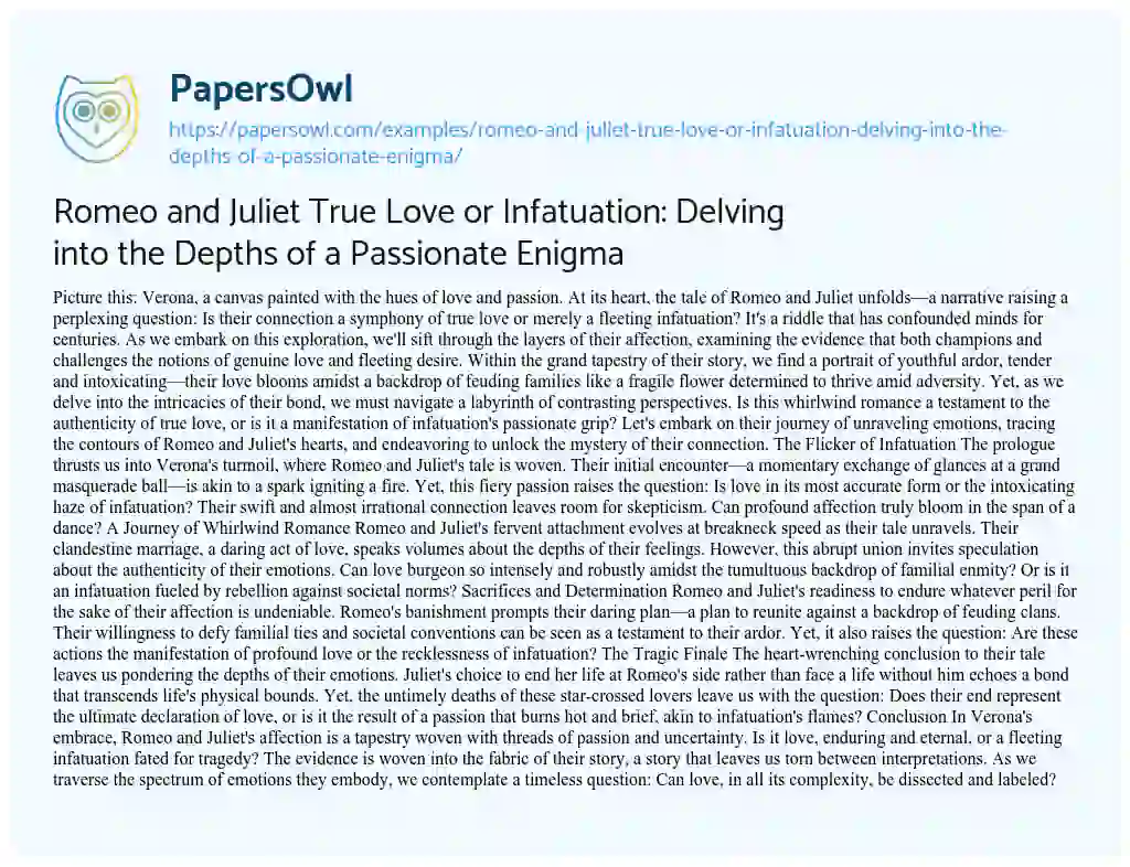 Essay on Romeo and Juliet True Love or Infatuation: Delving into the Depths of a Passionate Enigma