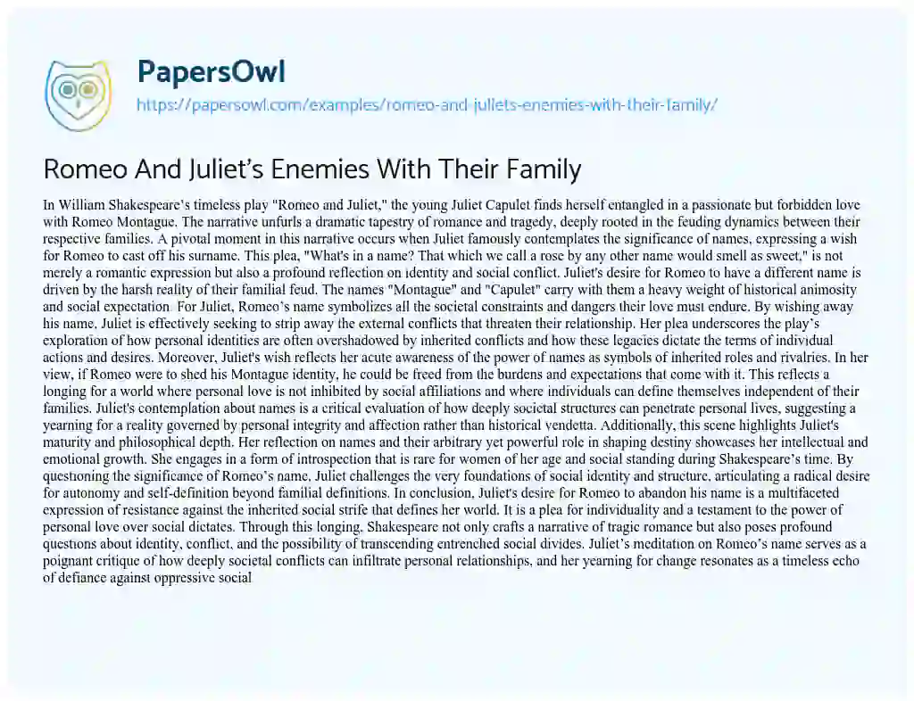 Romeo And Juliet's Enemies With Their Family - Free Essay Example - 502 ...