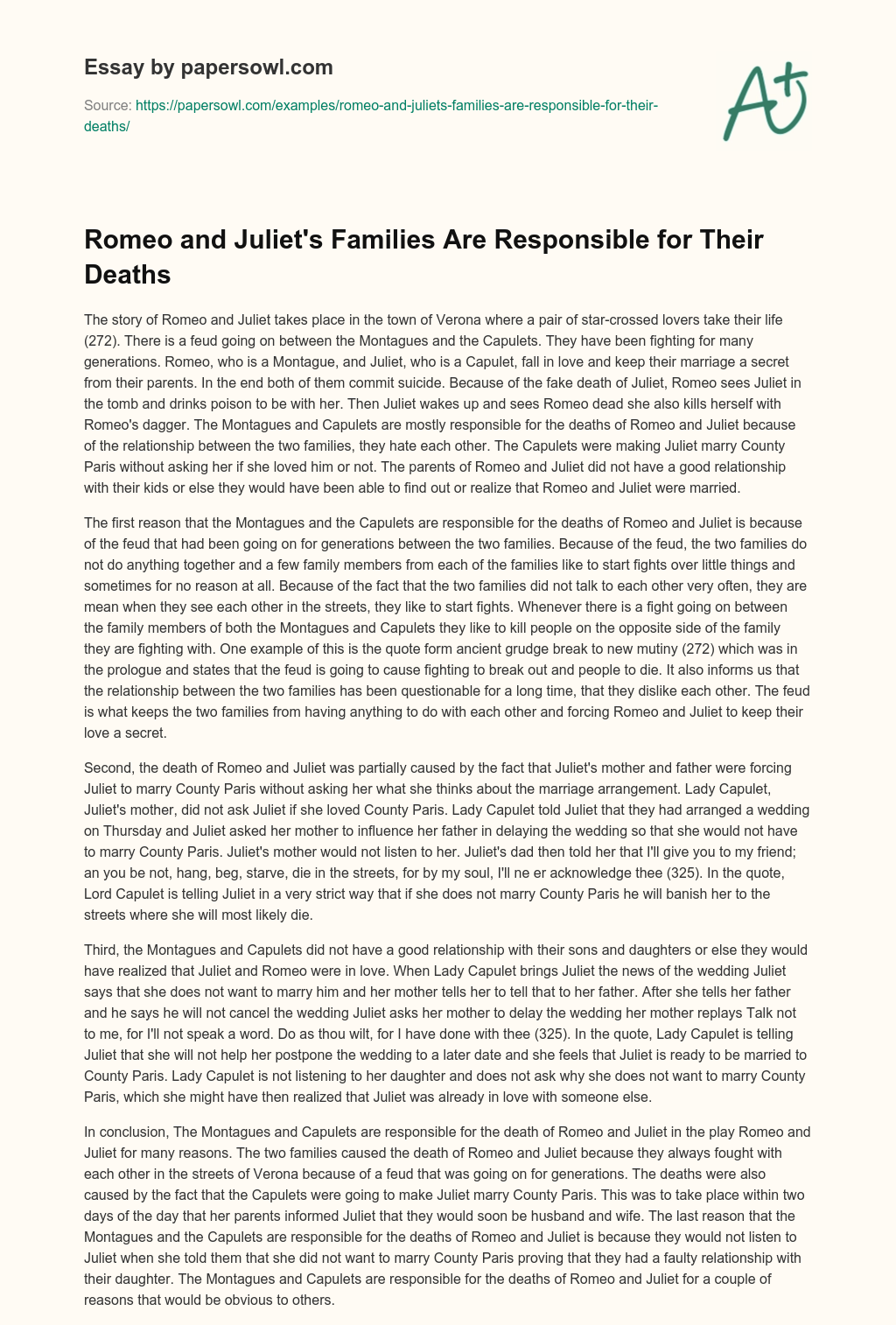 Romeo and Juliet’s Families are Responsible for their Deaths essay