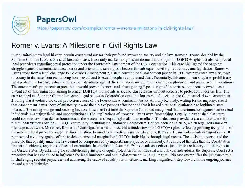 Essay on Romer V. Evans: a Milestone in Civil Rights Law