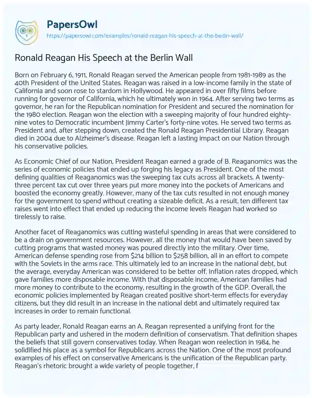 Essay on Ronald Reagan his Speech at the Berlin Wall