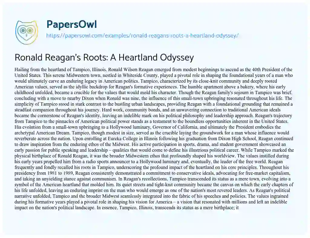 Essay on Ronald Reagan’s Roots: a Heartland Odyssey