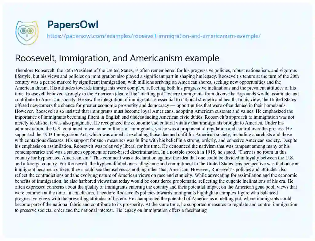 Essay on Roosevelt, Immigration, and Americanism Example