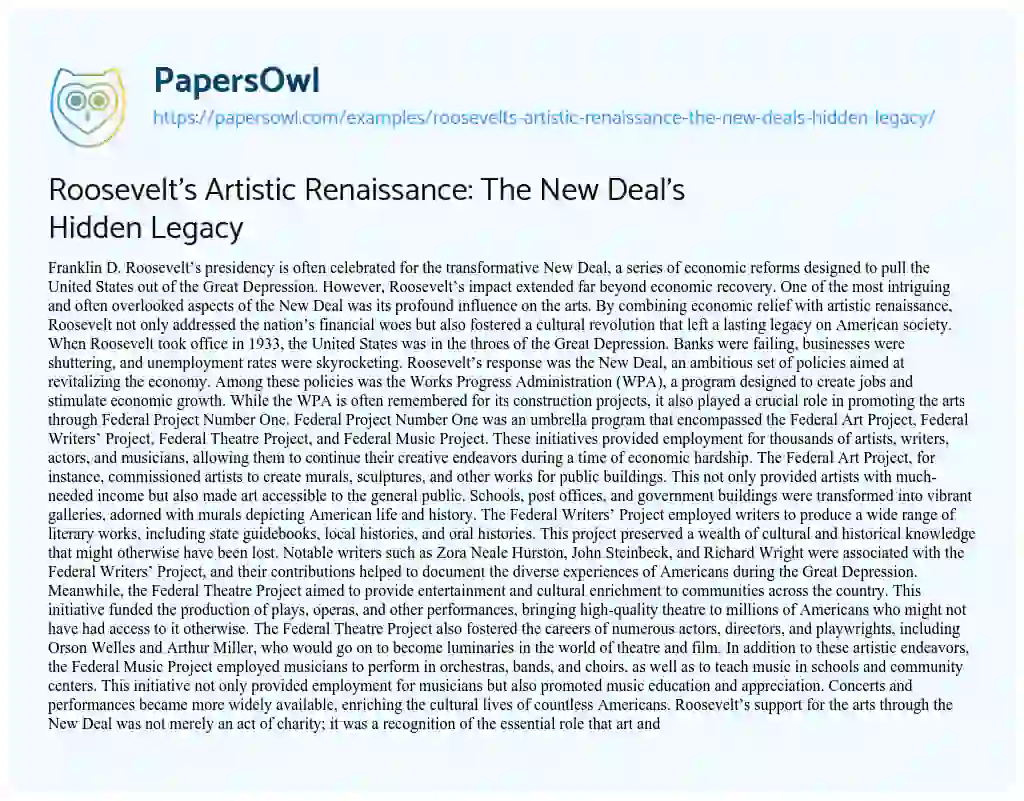 Essay on Roosevelt’s Artistic Renaissance: the New Deal’s Hidden Legacy