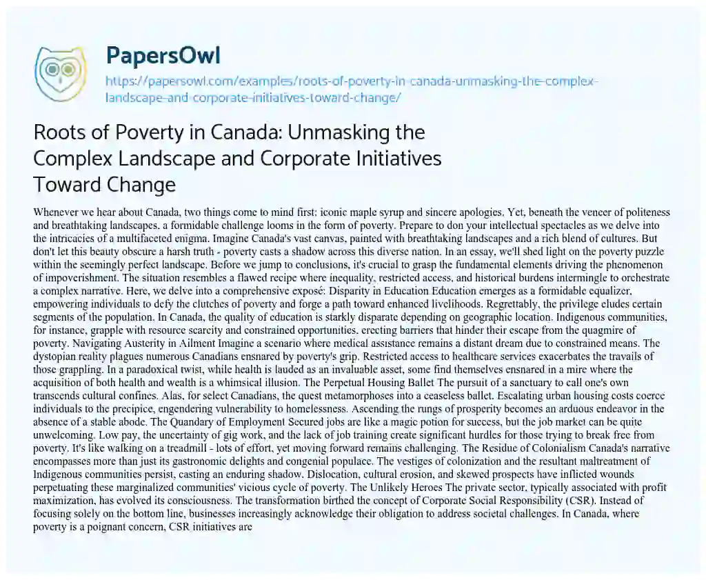 Essay on Roots of Poverty in Canada: Unmasking the Complex Landscape and Corporate Initiatives Toward Change