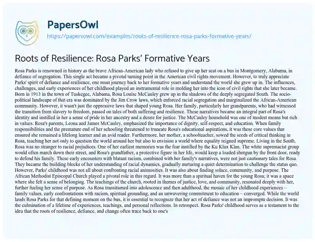 Essay on Roots of Resilience: Rosa Parks’ Formative Years