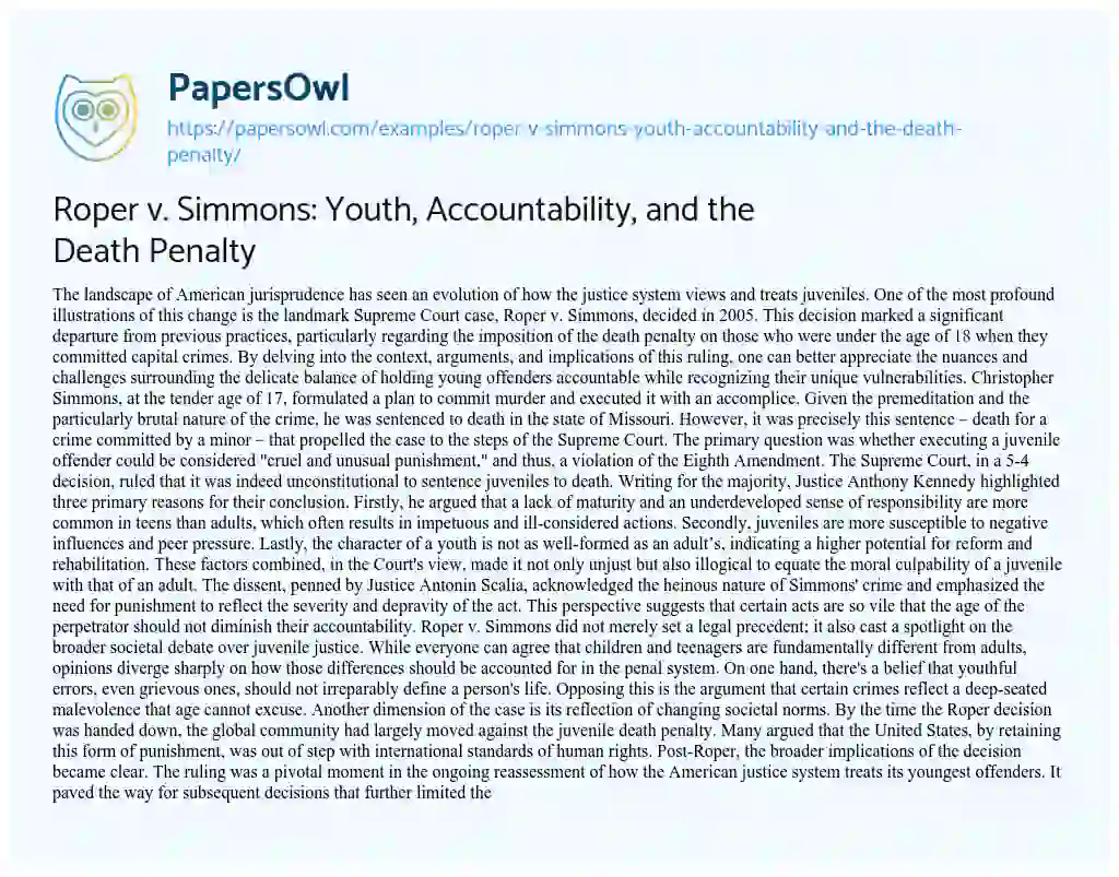 Essay on Roper V. Simmons: Youth, Accountability, and the Death Penalty