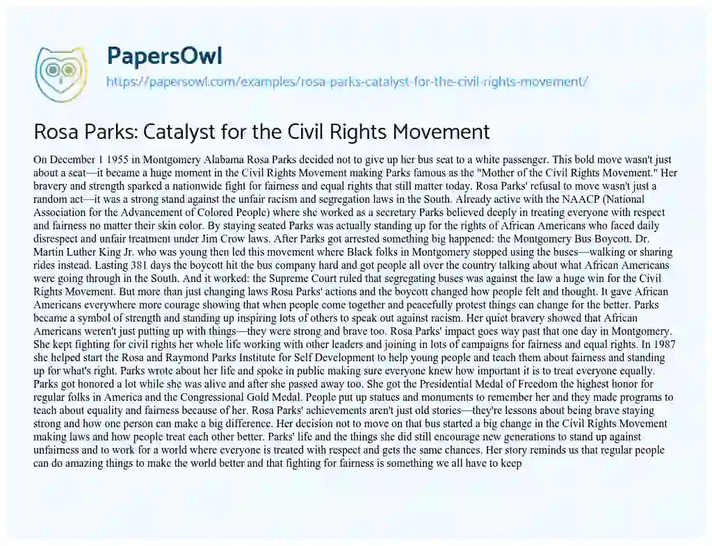 Essay on Rosa Parks: Catalyst for the Civil Rights Movement