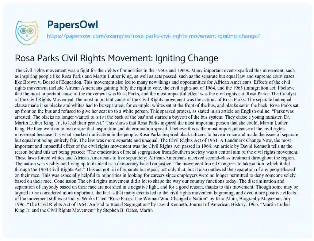 Essay on Rosa Parks Civil Rights Movement: Igniting Change