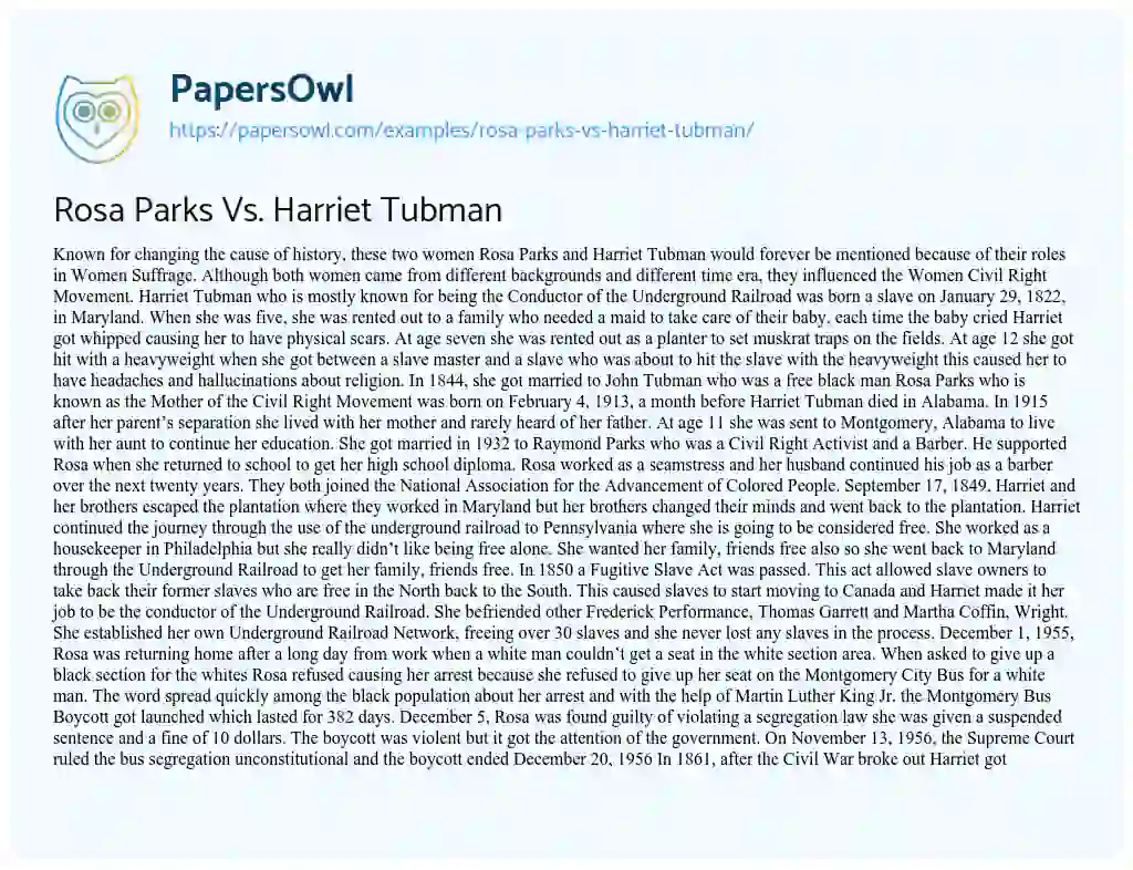 Essay on Rosa Parks Vs. Harriet Tubman