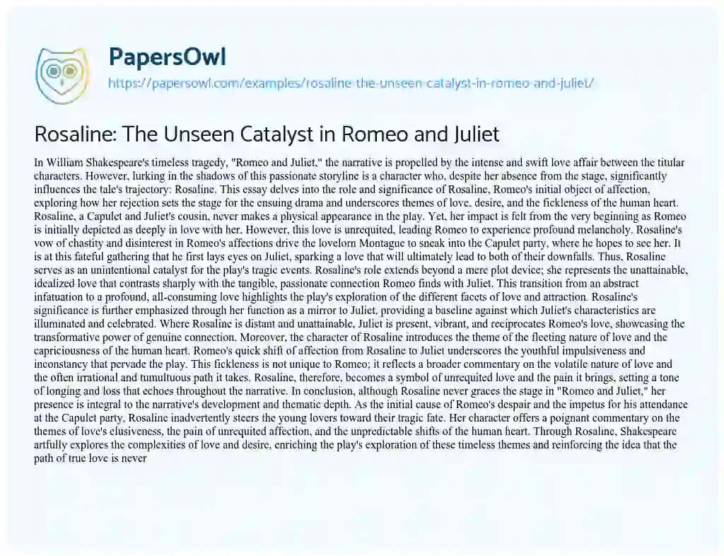 Essay on Rosaline: the Unseen Catalyst in Romeo and Juliet