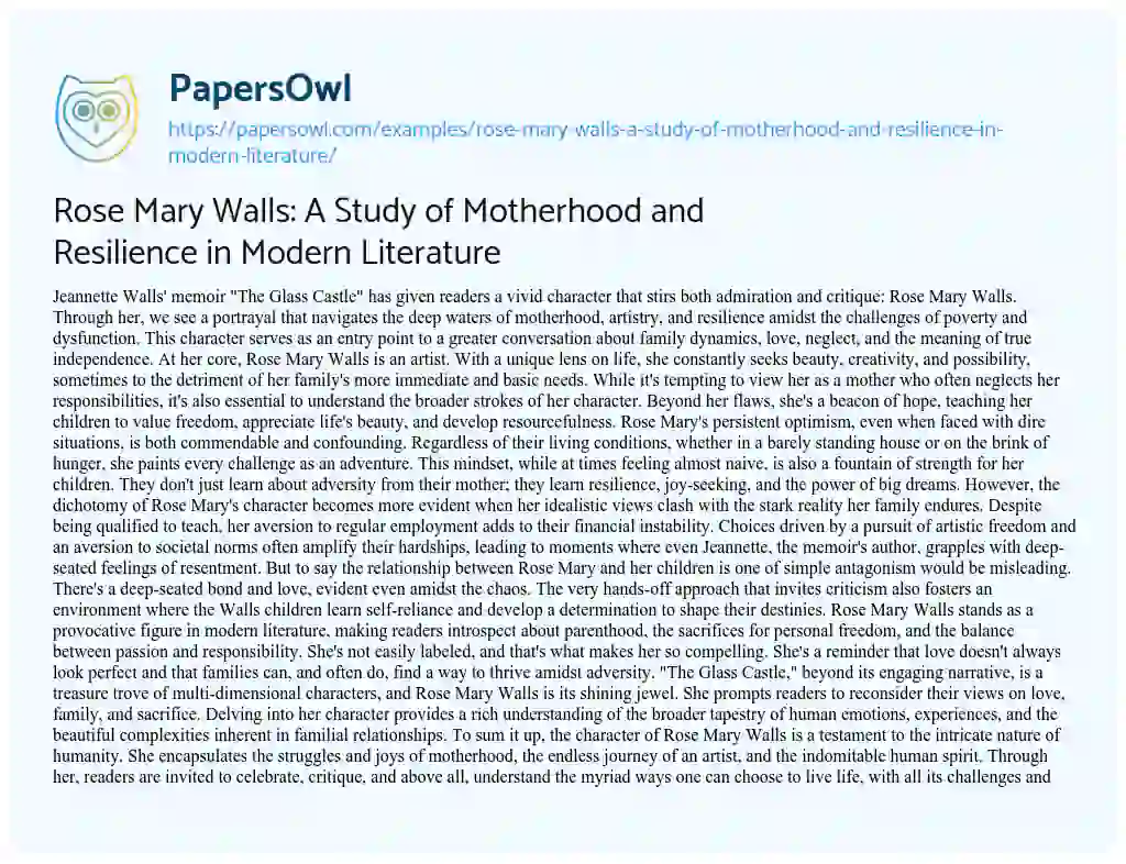 Essay on Rose Mary Walls: a Study of Motherhood and Resilience in Modern Literature