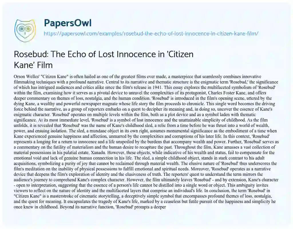Essay on Rosebud: the Echo of Lost Innocence in ‘Citizen Kane’ Film