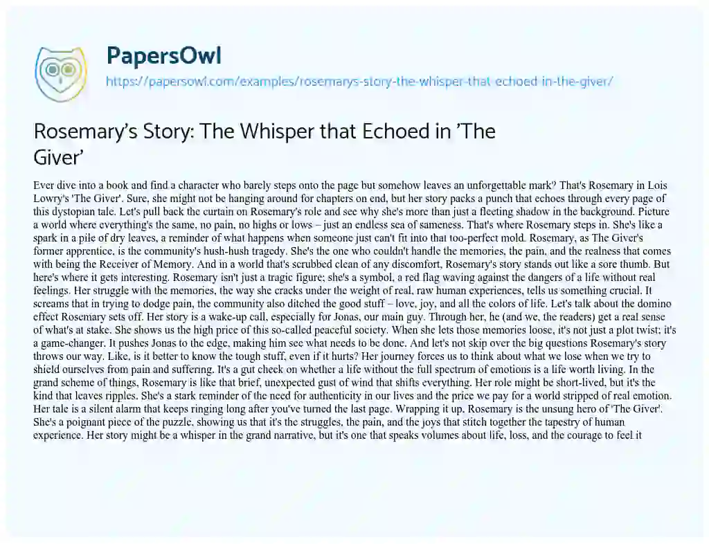 Essay on Rosemary’s Story: the Whisper that Echoed in ‘The Giver’