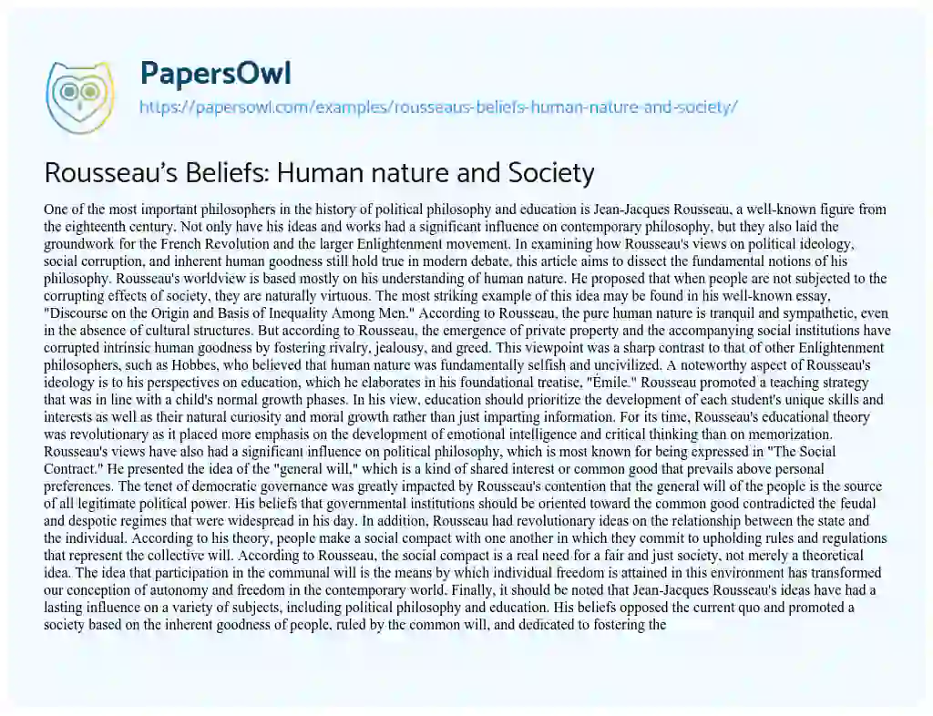 Essay on Rousseau’s Beliefs: Human Nature and Society