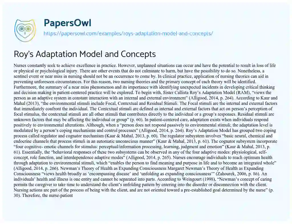 Essay on Roy’s Adaptation Model and Concepts