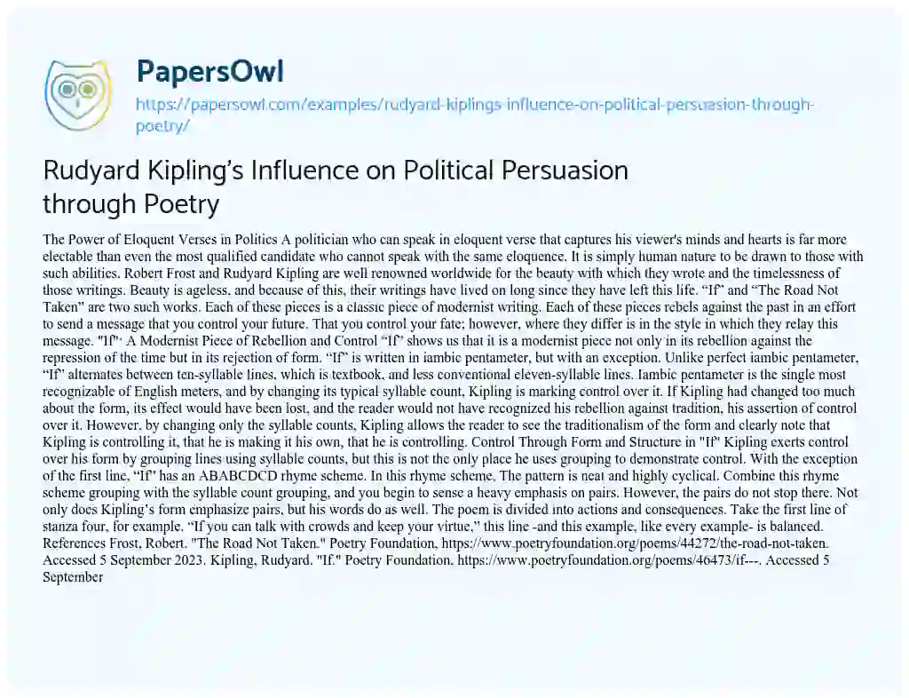 Essay on Rudyard Kipling’s Influence on Political Persuasion through Poetry