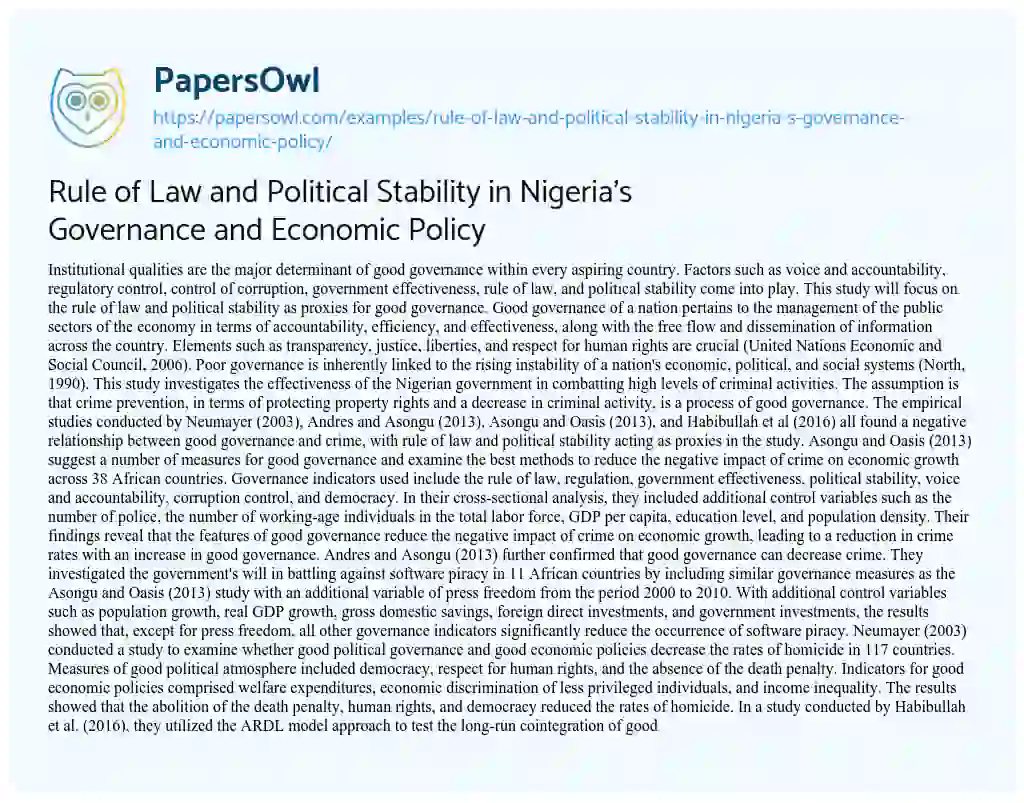 Essay on Rule of Law and Political Stability in Nigeria’s Governance and Economic Policy