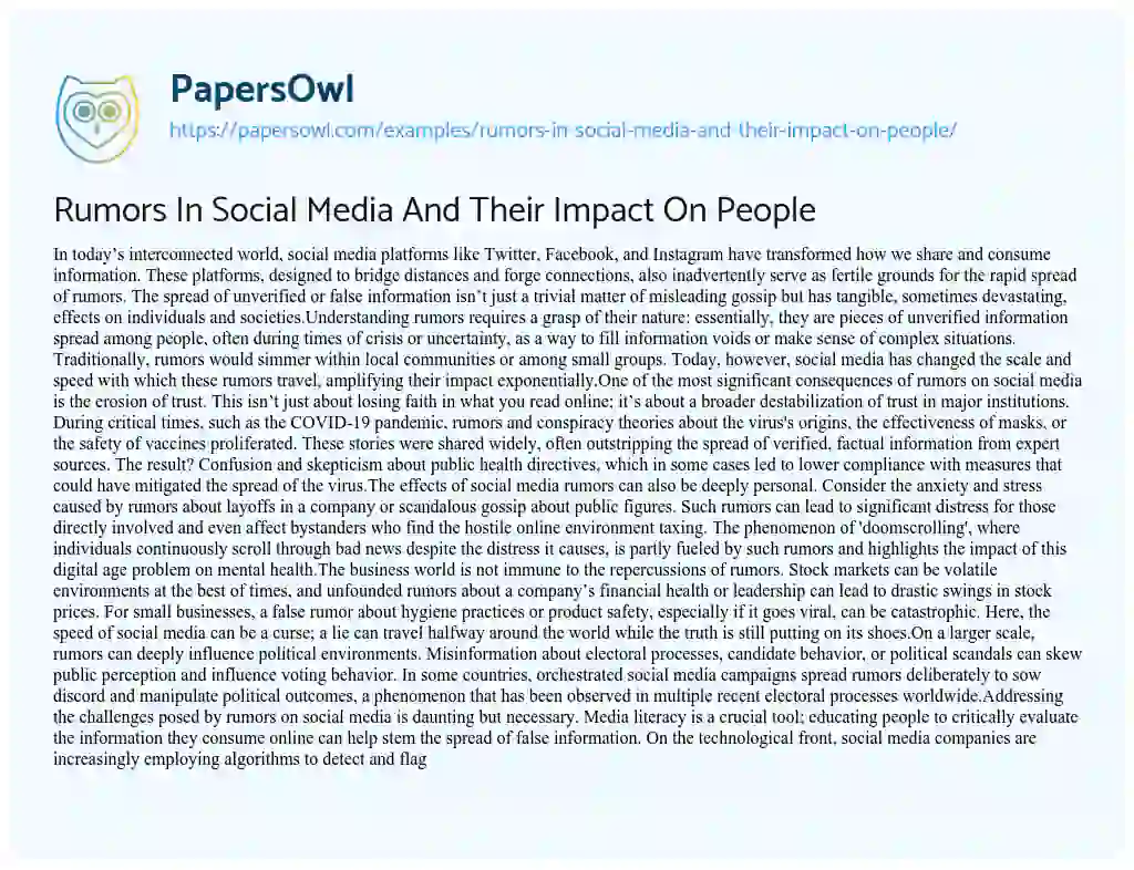 Essay on Rumors In Social Media And Their Impact On People