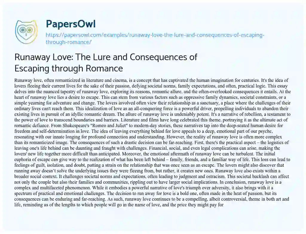 Essay on Runaway Love: the Lure and Consequences of Escaping through Romance