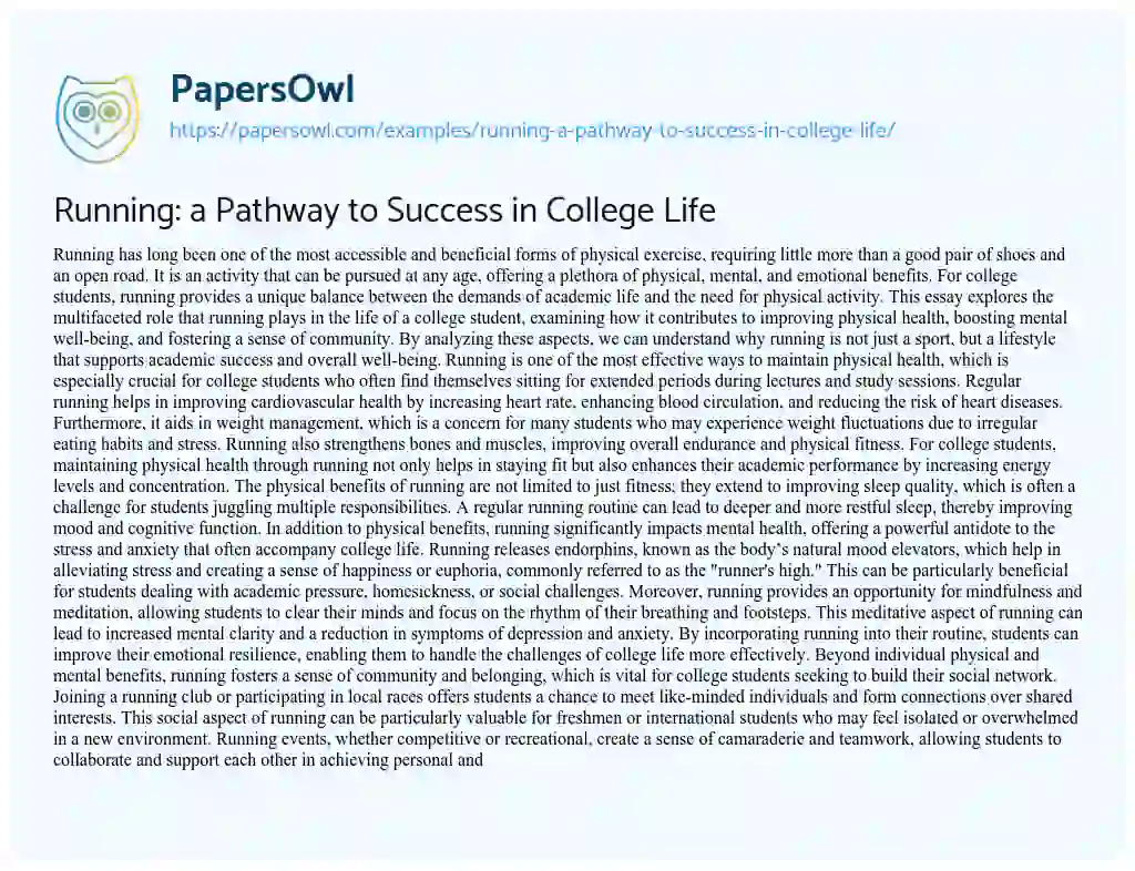 Essay on Running: a Pathway to Success in College Life