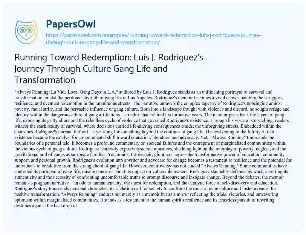 Essay on Running Toward Redemption: Luis J. Rodriguez’s Journey through Culture Gang Life and Transformation