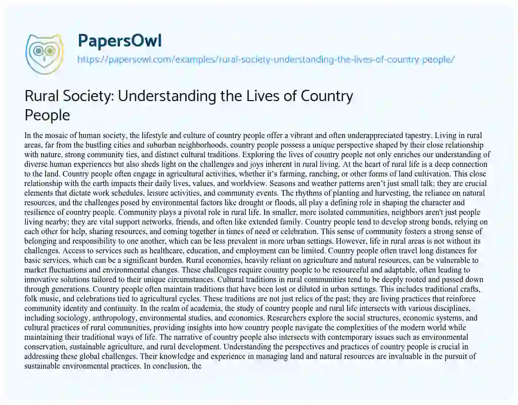 Essay on Rural Society: Understanding the Lives of Country People