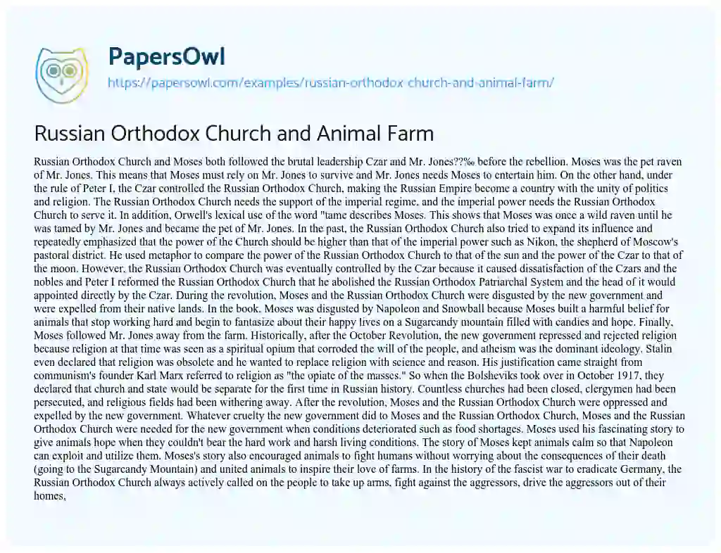 Essay on Russian Orthodox Church and Animal Farm
