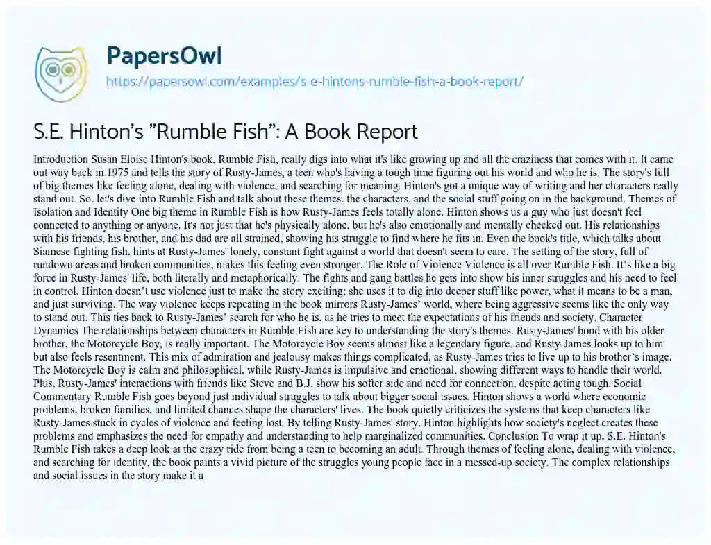 Essay on S.E. Hinton’s “Rumble Fish”: a Book Report