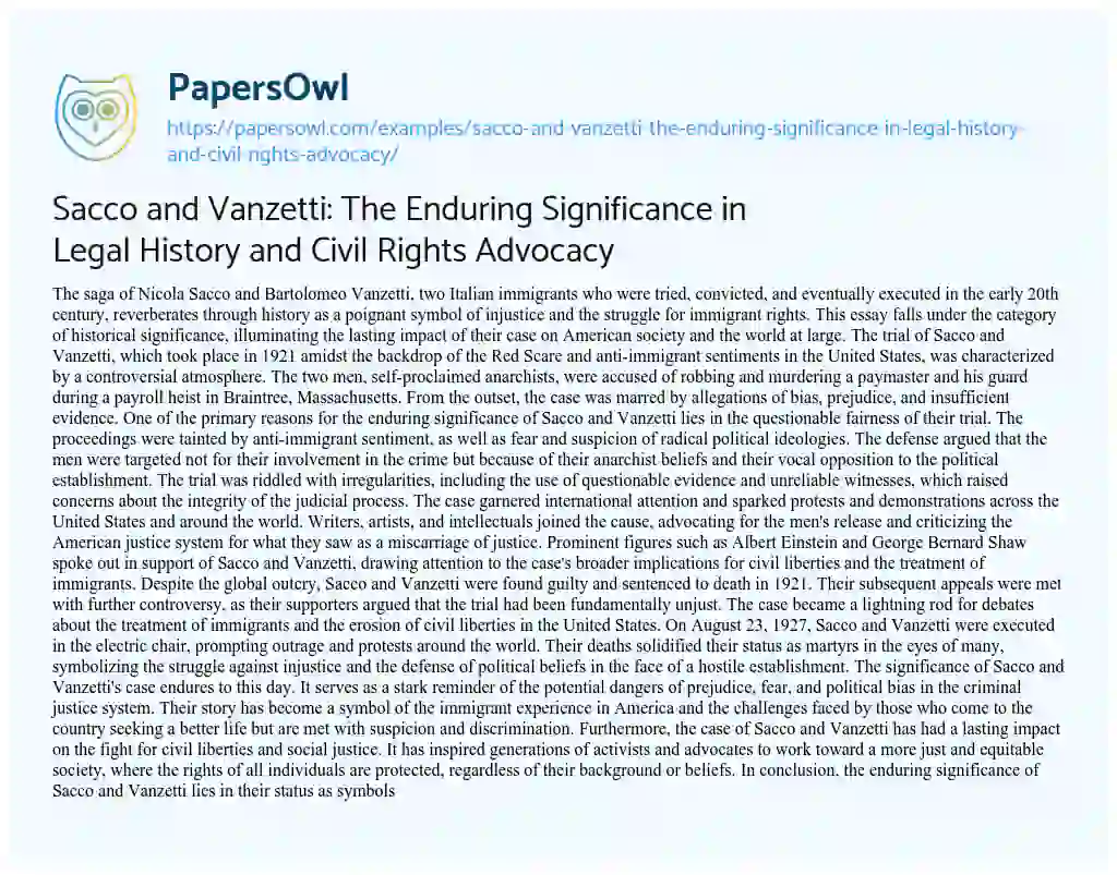 Essay on Sacco and Vanzetti: the Enduring Significance in Legal History and Civil Rights Advocacy