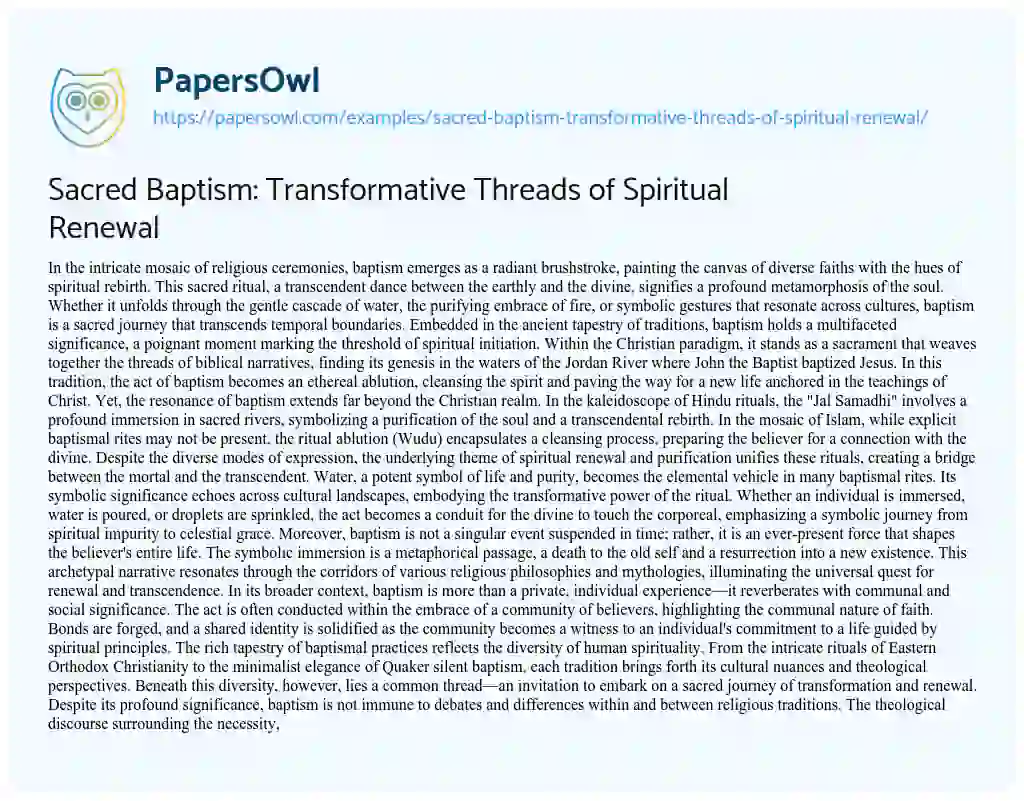 Essay on Sacred Baptism: Transformative Threads of Spiritual Renewal