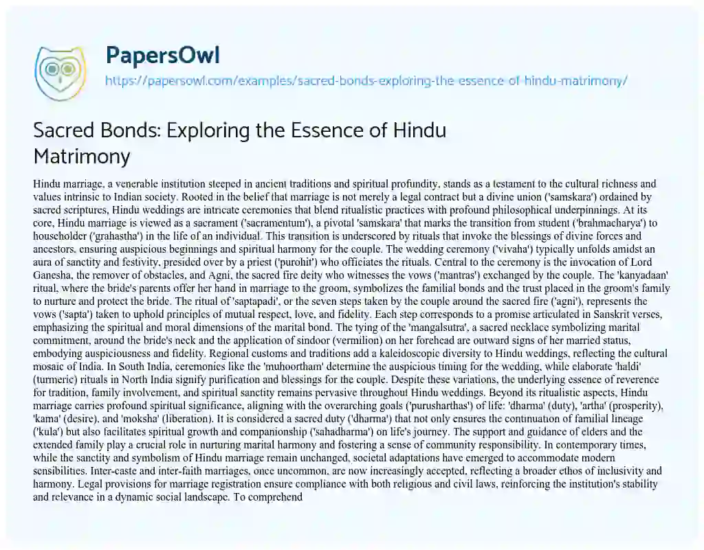 Sacred Bonds: Exploring the Essence of Hindu Matrimony - Free Essay ...
