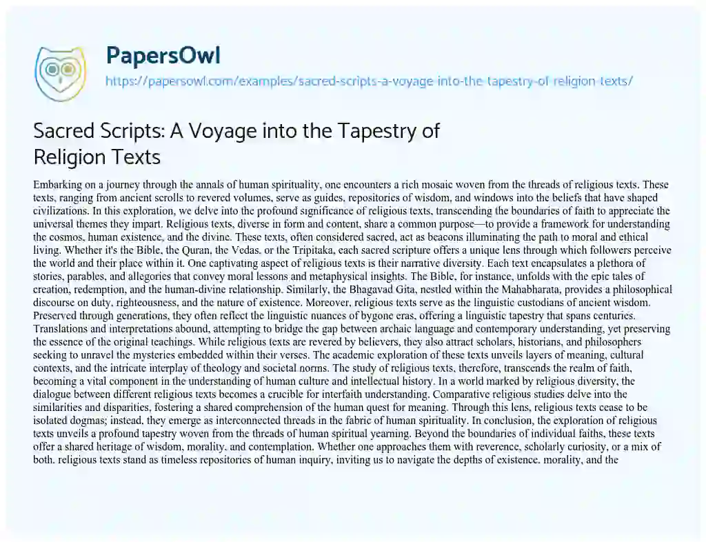 Essay on Sacred Scripts: a Voyage into the Tapestry of Religion Texts
