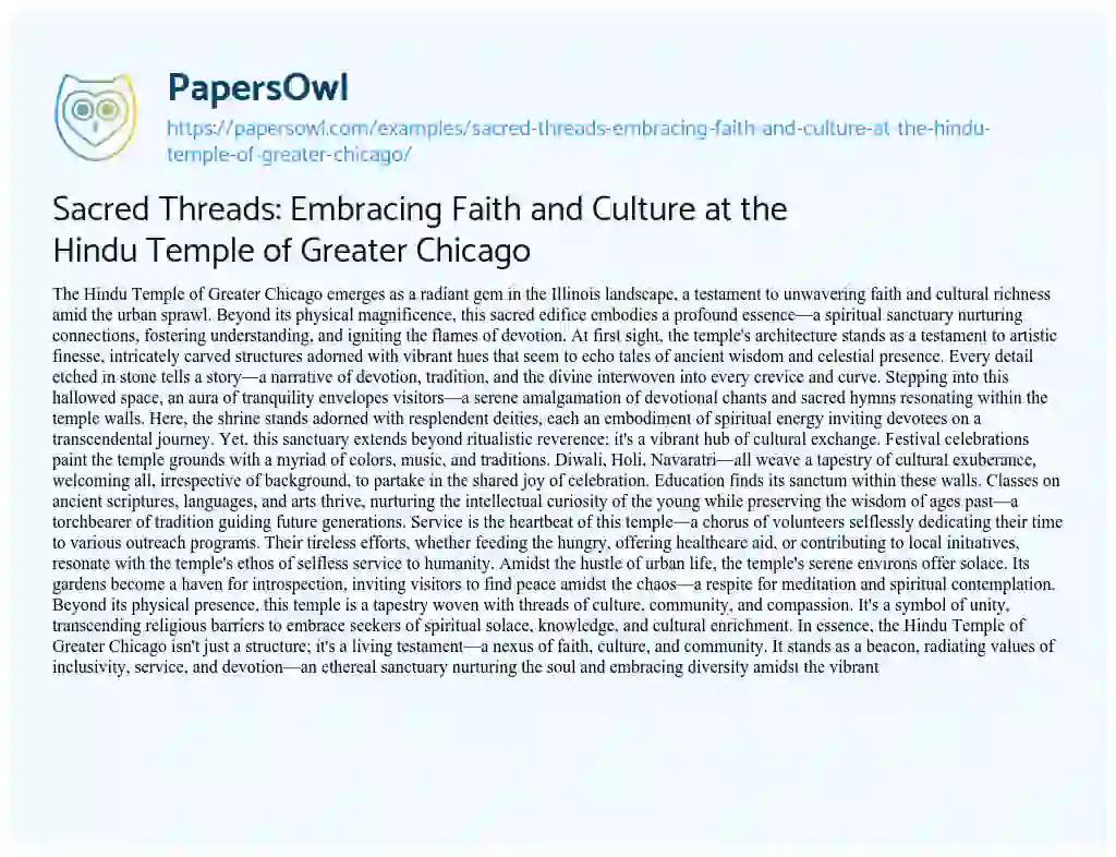Essay on Sacred Threads: Embracing Faith and Culture at the Hindu Temple of Greater Chicago