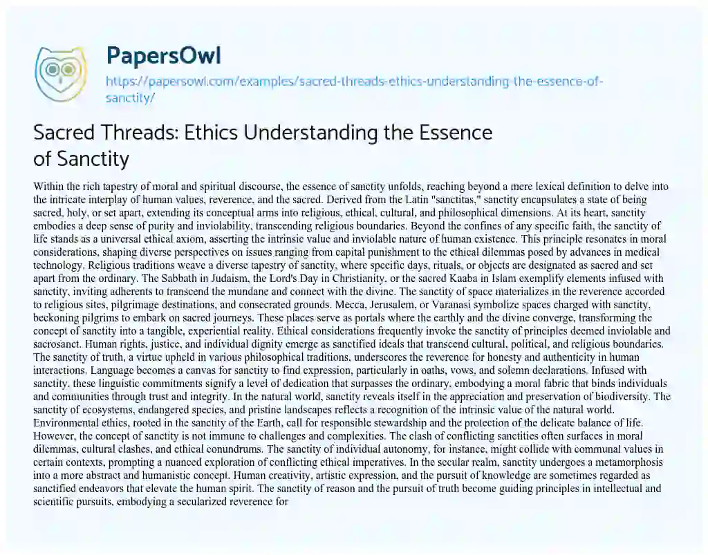 Essay on Sacred Threads: Ethics Understanding the Essence of Sanctity