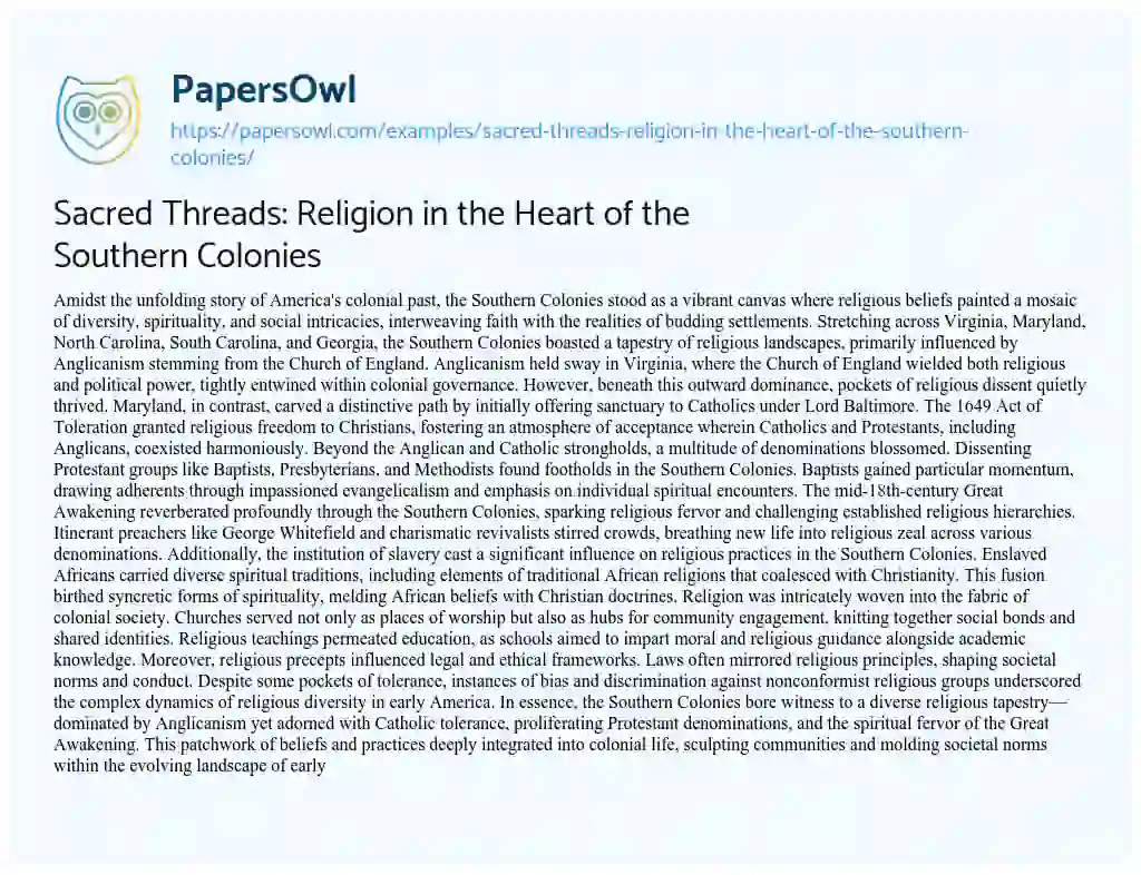 Essay on Sacred Threads: Religion in the Heart of the Southern Colonies