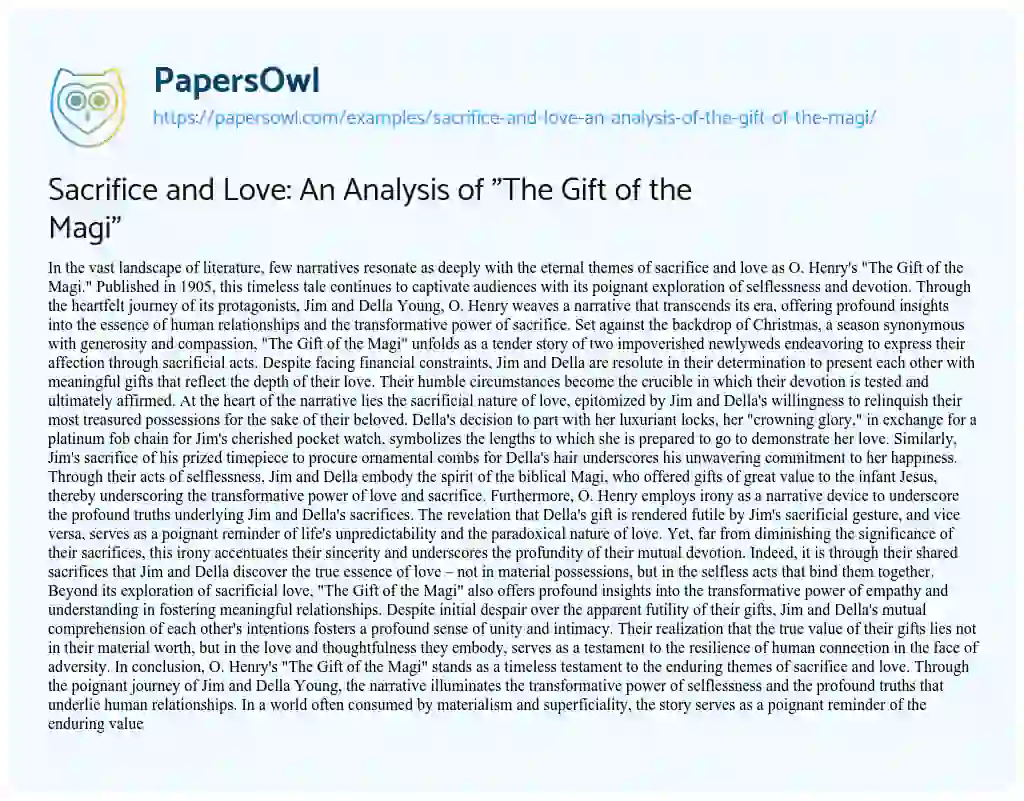 Essay on Sacrifice and Love: An Analysis of “The Gift of the Magi”