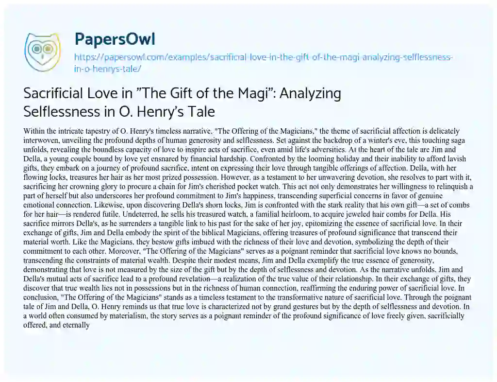 Essay on Sacrificial Love in “The Gift of the Magi”: Analyzing Selflessness in O. Henry’s Tale