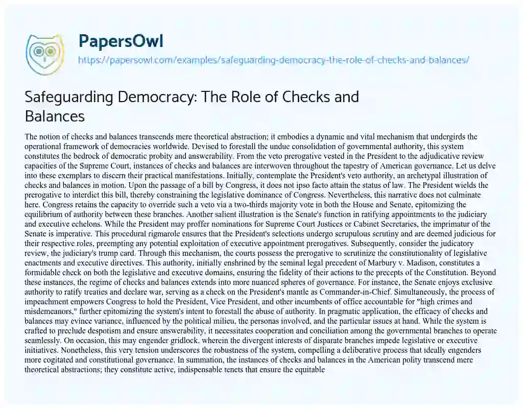 Essay on Safeguarding Democracy: the Role of Checks and Balances