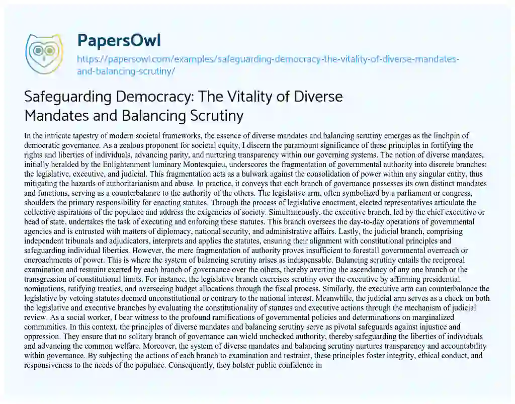 Essay on Safeguarding Democracy: the Vitality of Diverse Mandates and Balancing Scrutiny